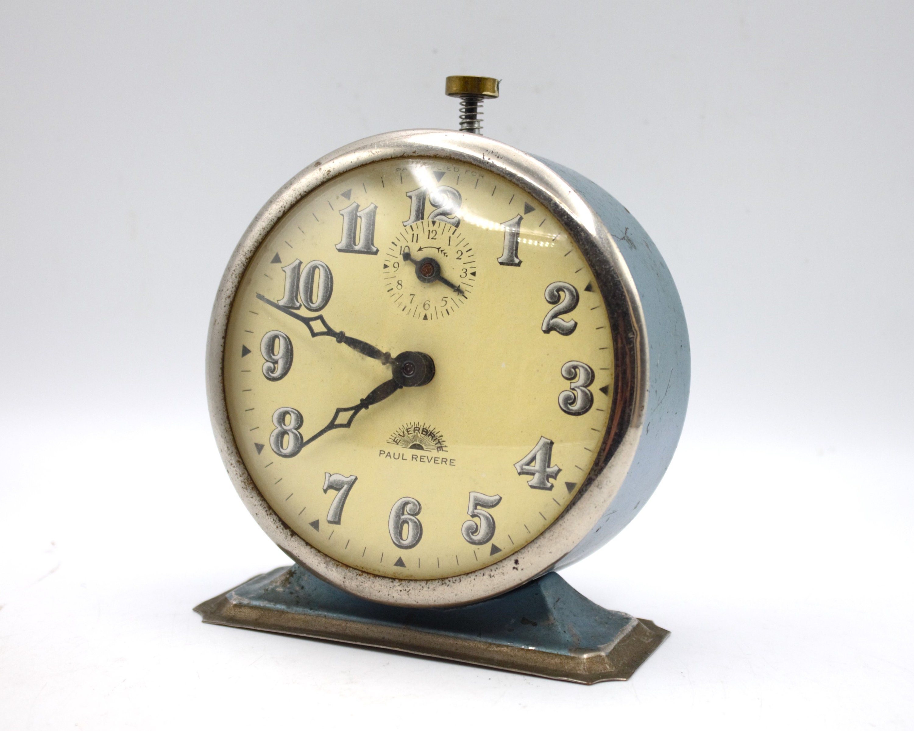 Vintage 1930s Paul Revere Alarm Clock Blue Metal and Chrome Art Deco Design  Mechanical Gear Spring Wound Bell Ringer Everbrite Dial Serviced -   Sweden