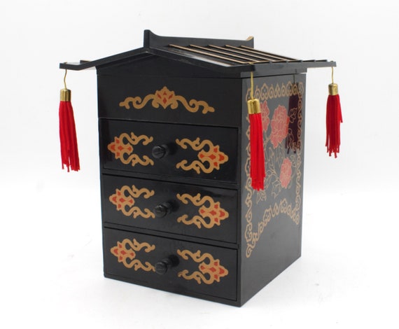 Vintage jewelry box Asian style mini jewel cabine… - image 2