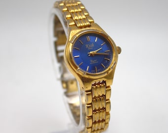 Vintage wristwatch gold tone blue analog dial woman's bracelet watch Kish Japan movement