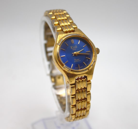 Gold-Tone Bracelet Watch with Deep Blue Gem Accents Gold Watch Blue Dial - Etsy main image 3