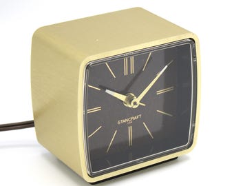 Vintage Stancraft 1970s Mod Alarm Clock Polished Brass Dark Brown
