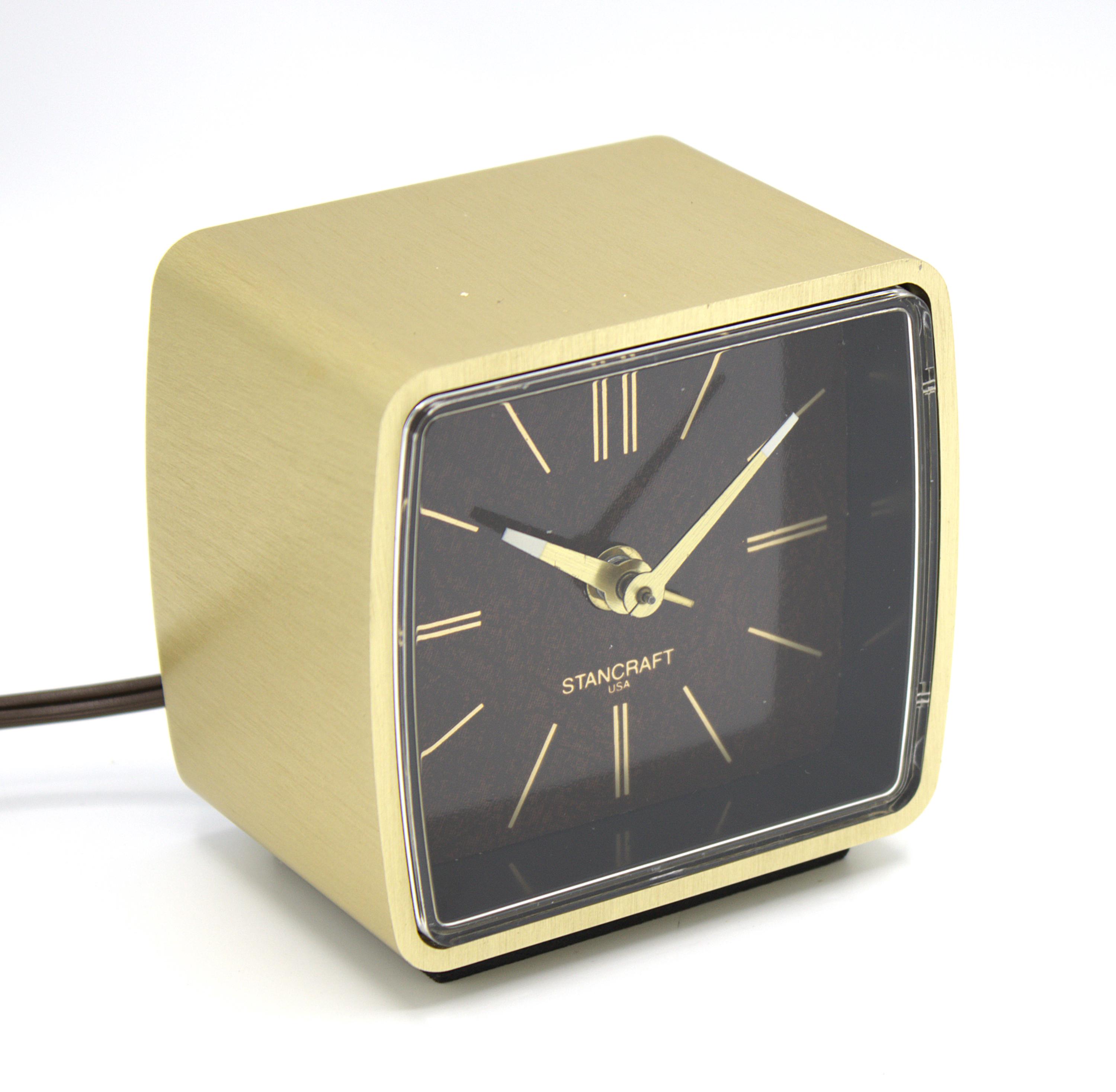 Vintage Stancraft 1970s Mod Alarm Clock Polished Brass Dark Brown