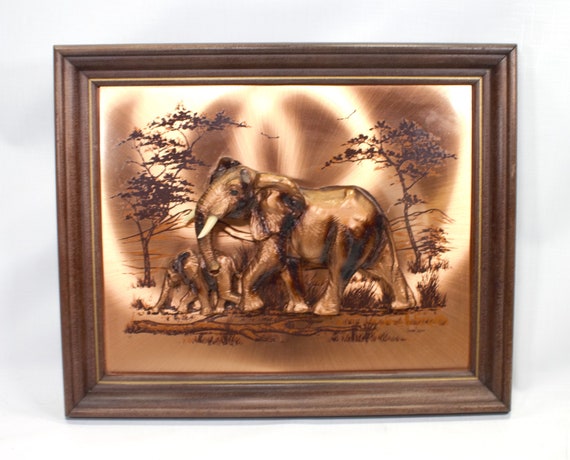 Vintage 1970s Copper Wall Art African Tusked Elephants 3D