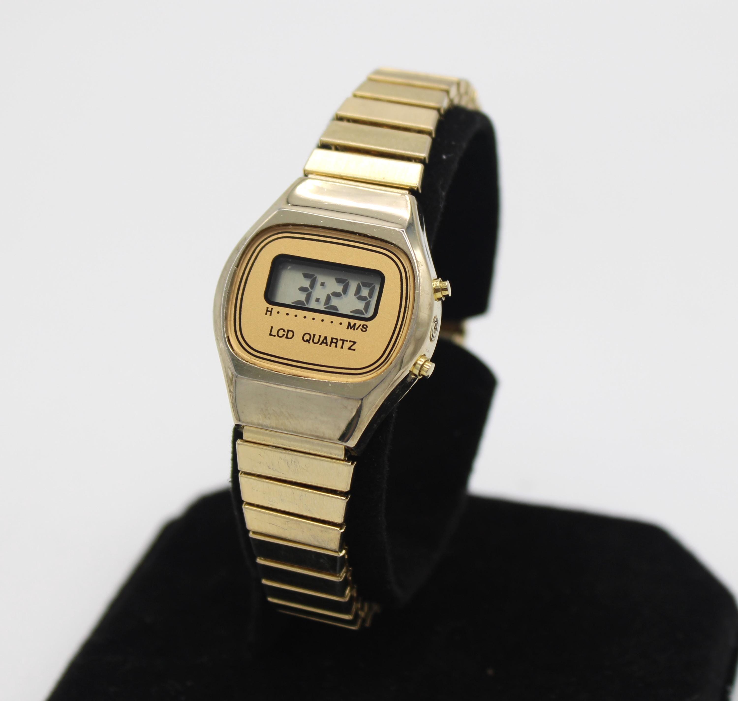 Vintage 1980s Digital Watch LCD Quartz Gold Tone With Elastic