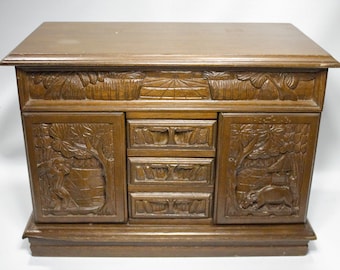 Vintage wooden carved relief jewelry cabinet red velvet lined 7 drawers hinged lid farming plantation ornate scene detail antique furniture