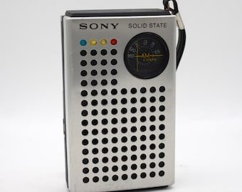 Vintage 1960s Sony transistor radio solid state AM receiver cool mod design aluminum gray case with lanyard strap rare