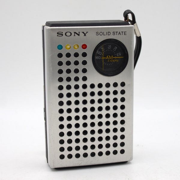 Vintage 1960s Sony transistor radio solid state AM receiver cool mod design aluminum gray case with lanyard strap rare
