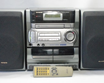 Vintage Boombox Aiwa CD dual cassette tape deck player recorder portable stereo am-fm radio EQ T-Bass surround sound system aux remote 1990s