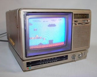 Vintage 5&quot; Color TV radio portable mini glass tube television am-fm tuner antenna battery 12V 120V Realistic Portavision 1980s tech 1982
