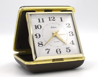 Vintage Sabre Travel Alarm Clock Mid-century Style Brown White