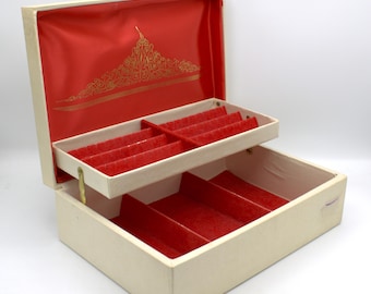 Vintage Buxton jewelry box mid-century white gold vinyl red velvet satin lined tiered interior ring earing compartment 1950s-60s USA