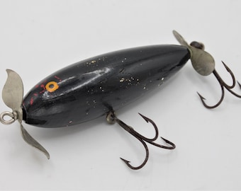 Vintage 1950s Wooden Fishing Lure Black With Yellow Eyes
