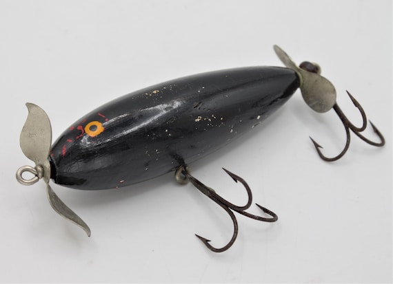 Vintage Fishing Lure 1950s Wood and Painted With Stainless Steel Spinners  Black Treble Hooks 