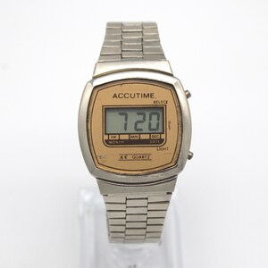 Vintage 1980s digital watch Accutime chrome silver stainless steel band LCD quartz 80s fashion image 2