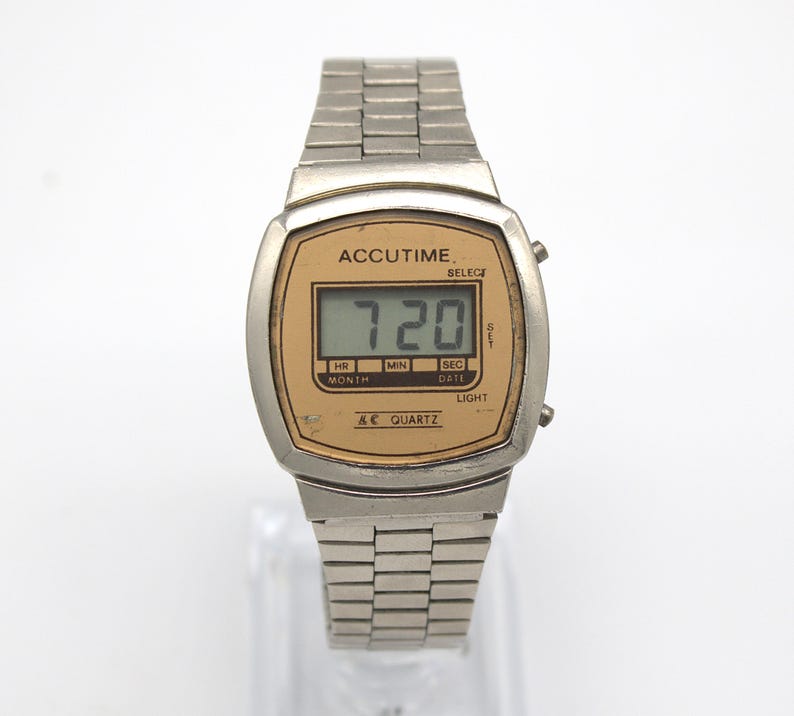 Vintage 1980s digital watch Accutime chrome silver stainless steel band LCD quartz 80s fashion image 2