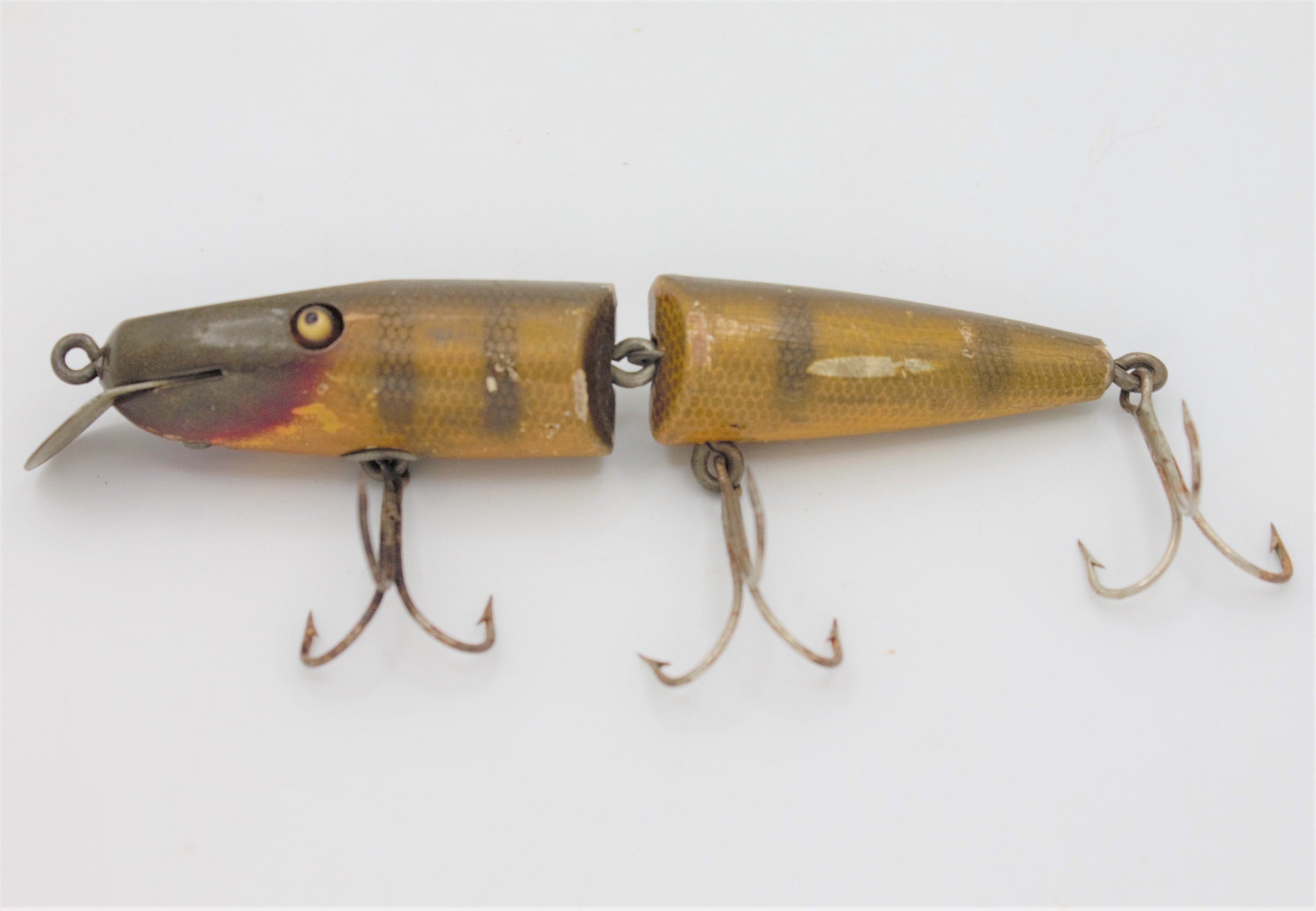 Vintage Wooden Fishing Lure Jointed Body Painted Wood 1950s Soft