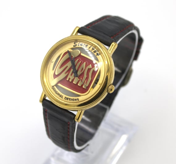 Vintage 90s Guess Watch Gold Tone Red Enamel Analog Dial Black