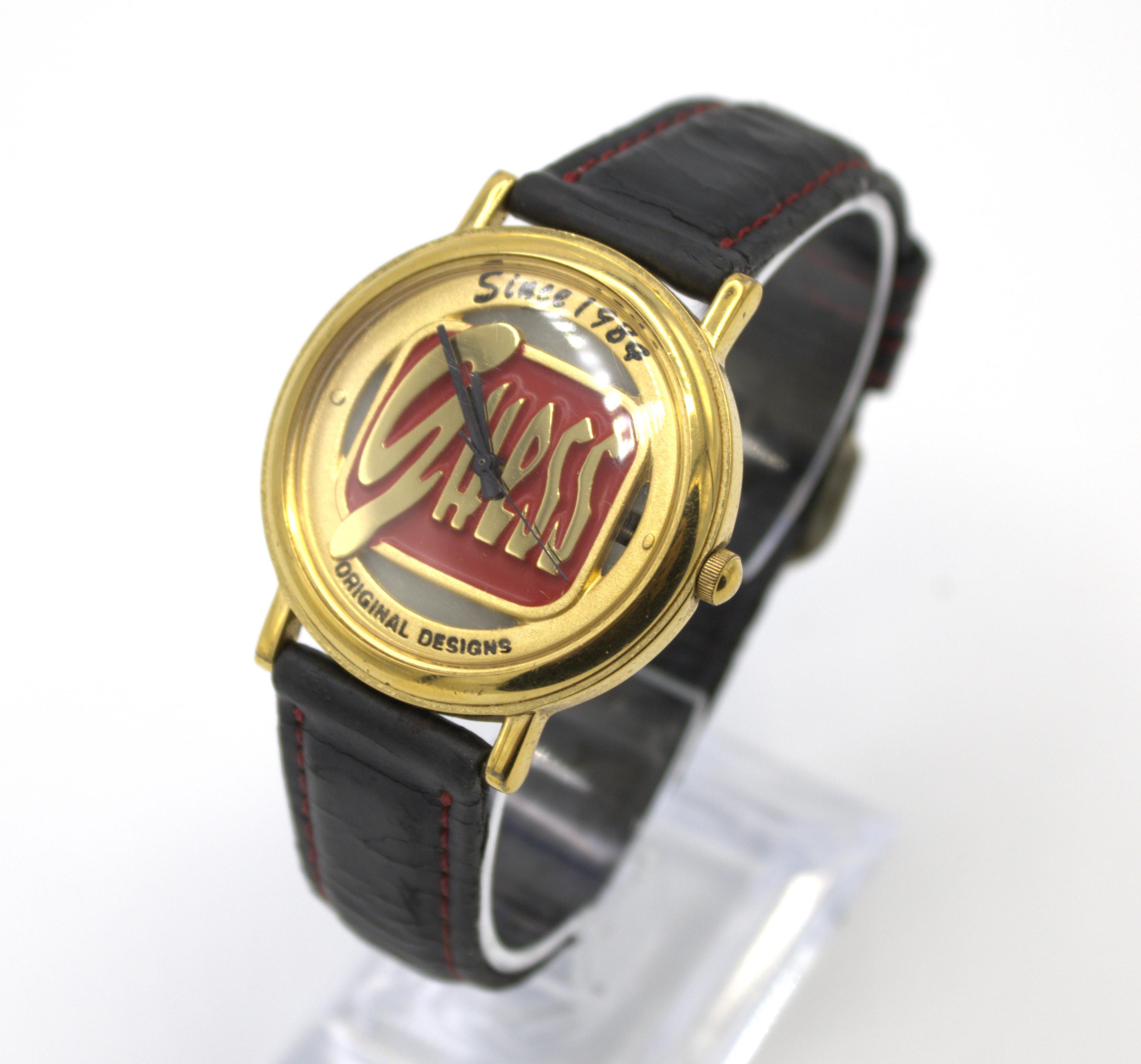 Vintage 90s Guess Watch Gold Tone Red Enamel Analog Dial Black