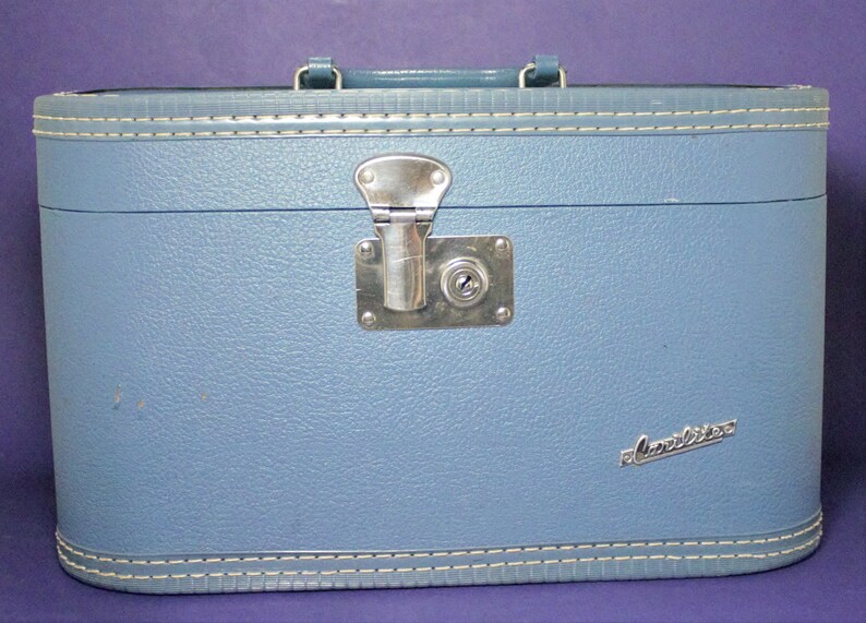 Vintage Midcentury Train Case Suitcase Blue Chrome Small Etsy