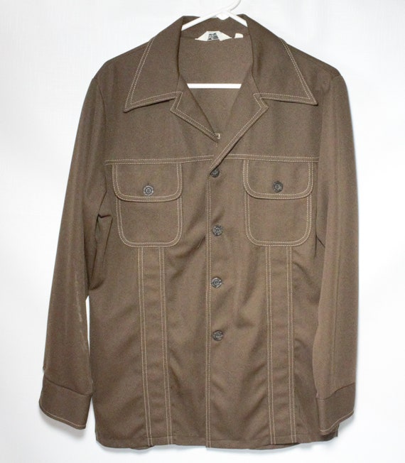 Vintage Leisure Suit Brown Jacket Polyester Wide Collar