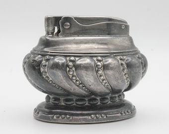 Vintage mid-century silver table lighter heavy flint wick refillable fuel Victorian style Crown by Ronson