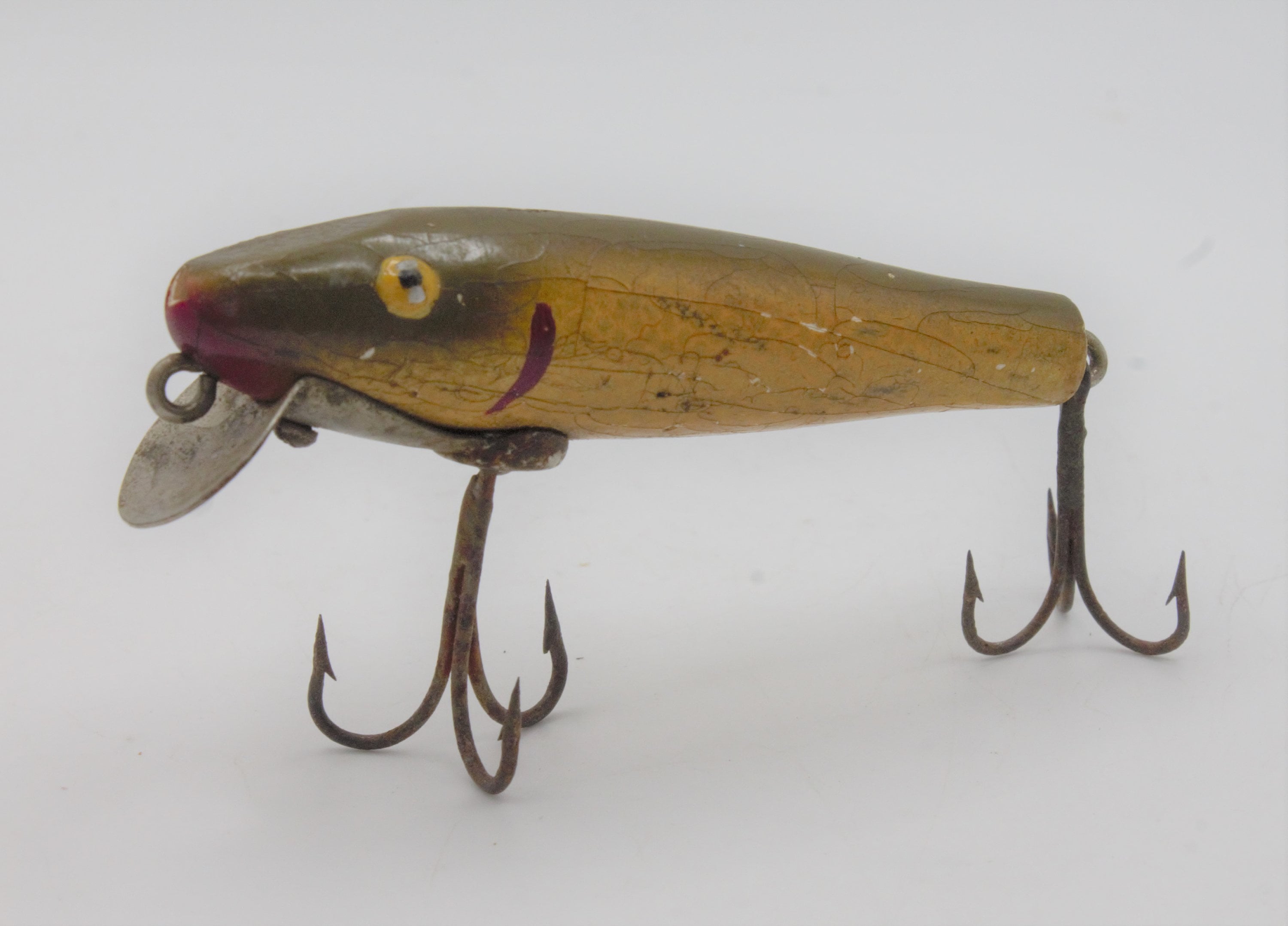 Vintage Fishing Lure 1950s Wooden Hand Painted Body Soft Jerkbait Treble  Hooks 