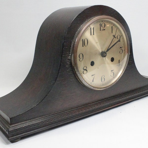 Vintage wood mantle clock chime hourly quarterly gong brass 14 day spring wound glass dome art deco Enfield England serviced