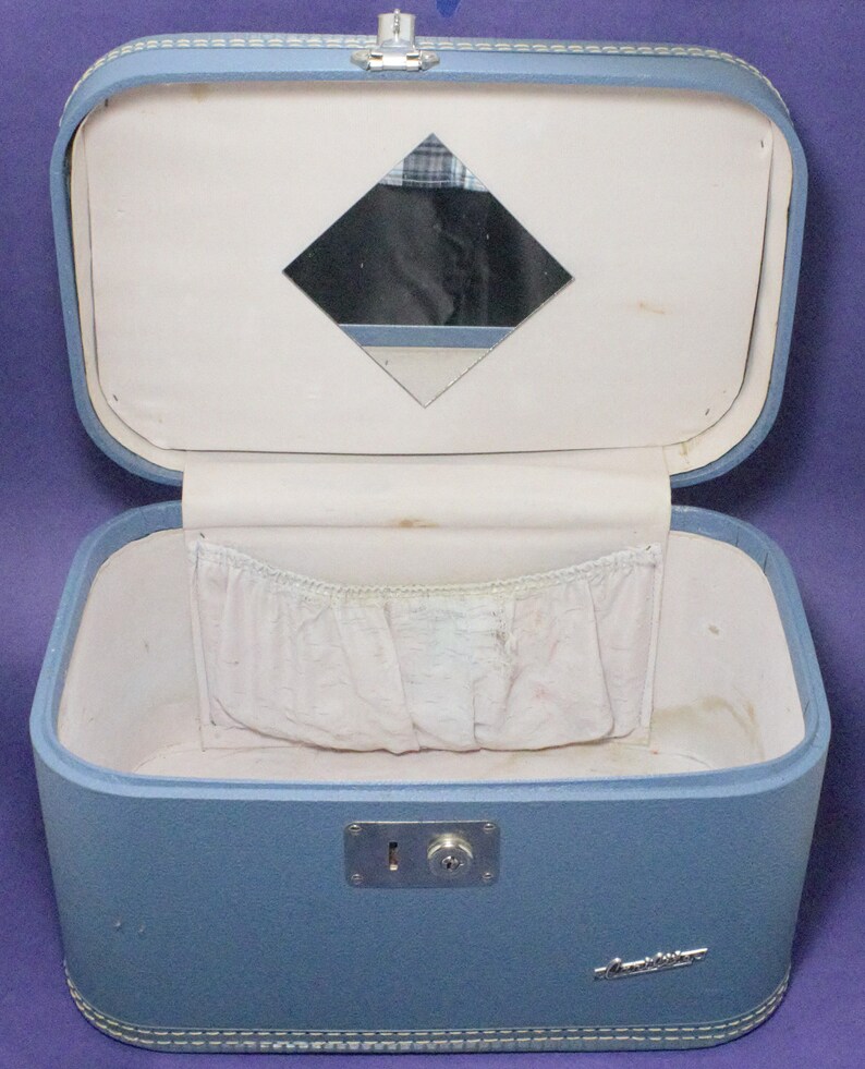 Vintage Midcentury Train Case Suitcase Blue Chrome Small Etsy