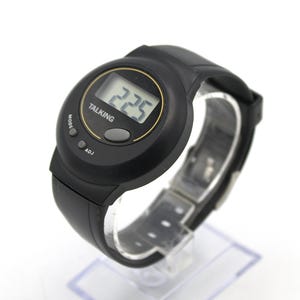 May include: Black digital talking watch with a round face. The watch displays the time 2:25 in a digital format. The watch has a black strap and features the words "TALKING", "MODE", and "ADJ".