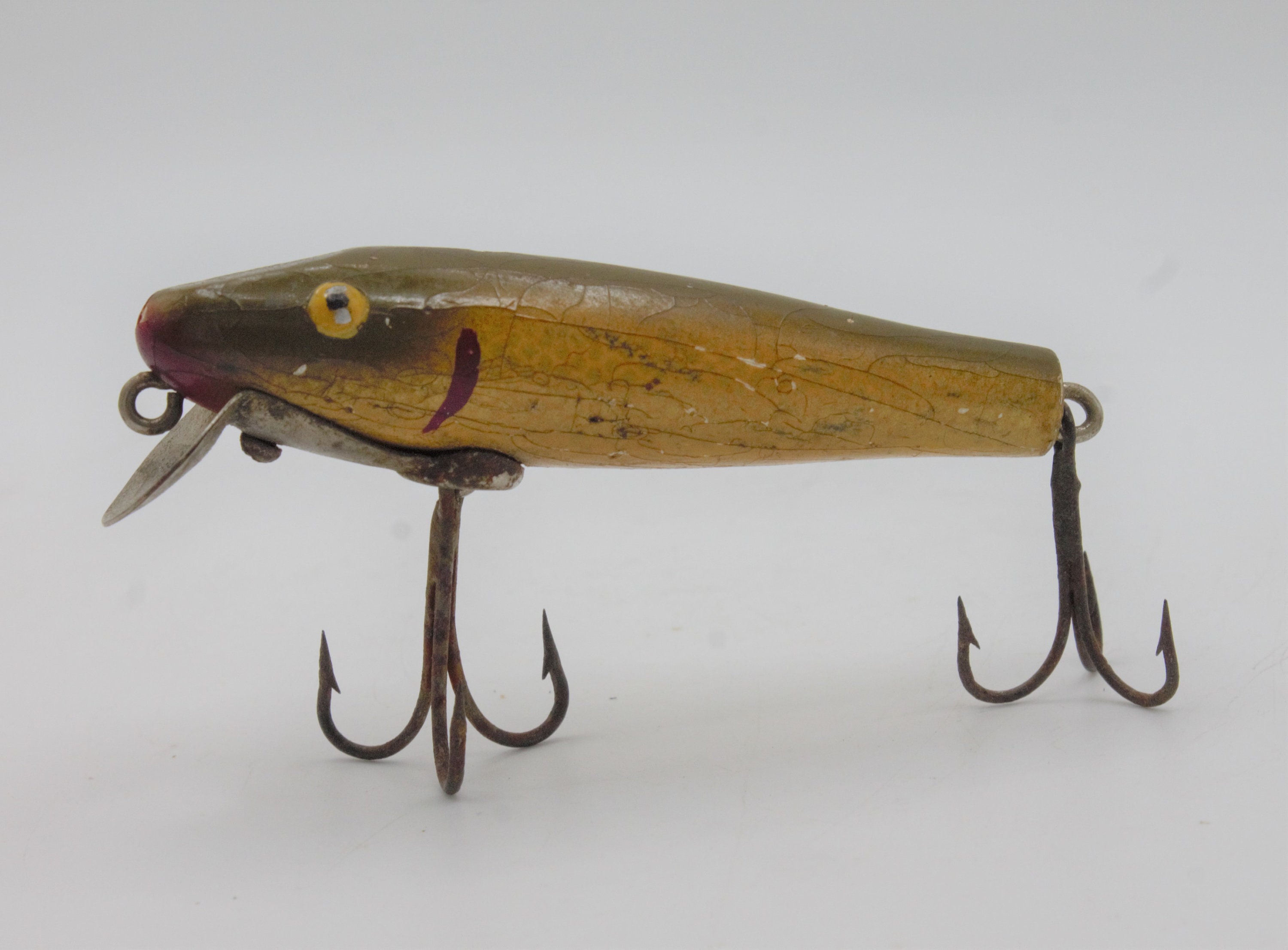 Vintage Fishing Lure 1950s Wooden Hand Painted Body Soft Jerkbait Treble  Hooks 