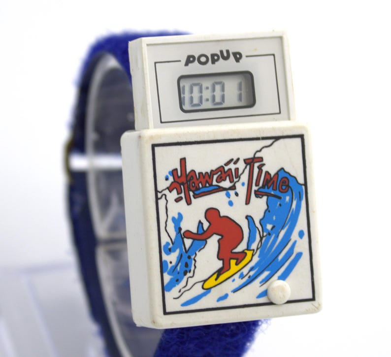 Vintage 1980s Pop-Up digital watch Hang Time Surfer theme LCD quartz rad graphics 80s fashion wristwatch image 11