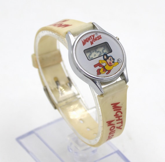Vintage 1980s Mighty Mouse Digital Watch Chrome Case LCD Quartz