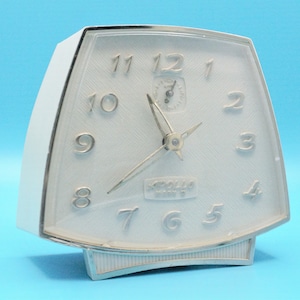 Vintage mid-century style alarm clock nightstand wind up mechanical bell ringing alarm clock white dial chrome accent Apollo USA