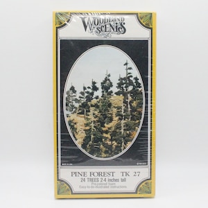 May include: A box of Woodland Scenics Pine Forest model train scenery. The box shows a picture of 24 pre-colored foam trees, 2-4 inches tall. The text on the box reads "Pine Forest TK 27".