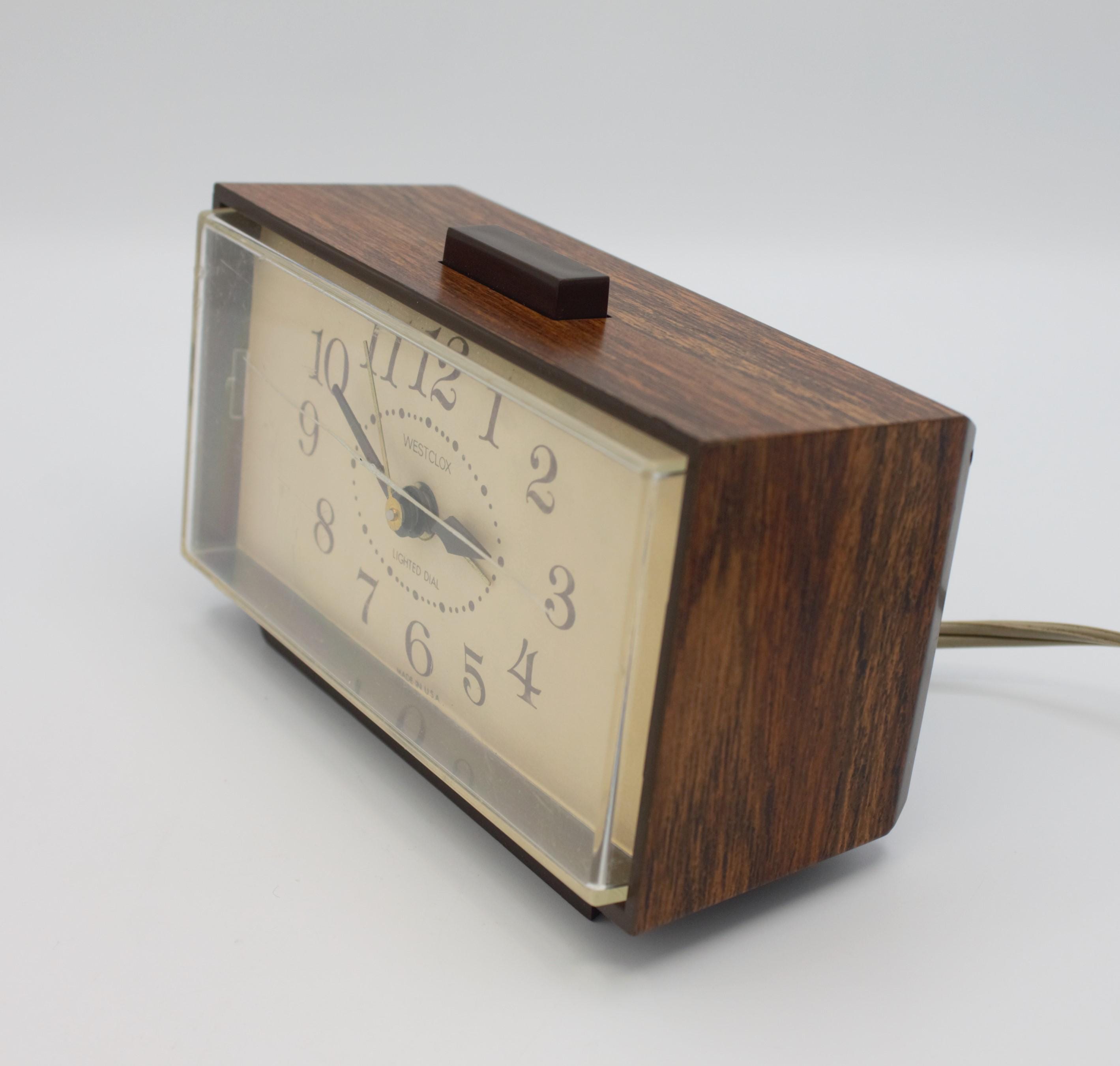 Vintage Westclox Alarm Clock With Backlit Dial Woodgrain Mid