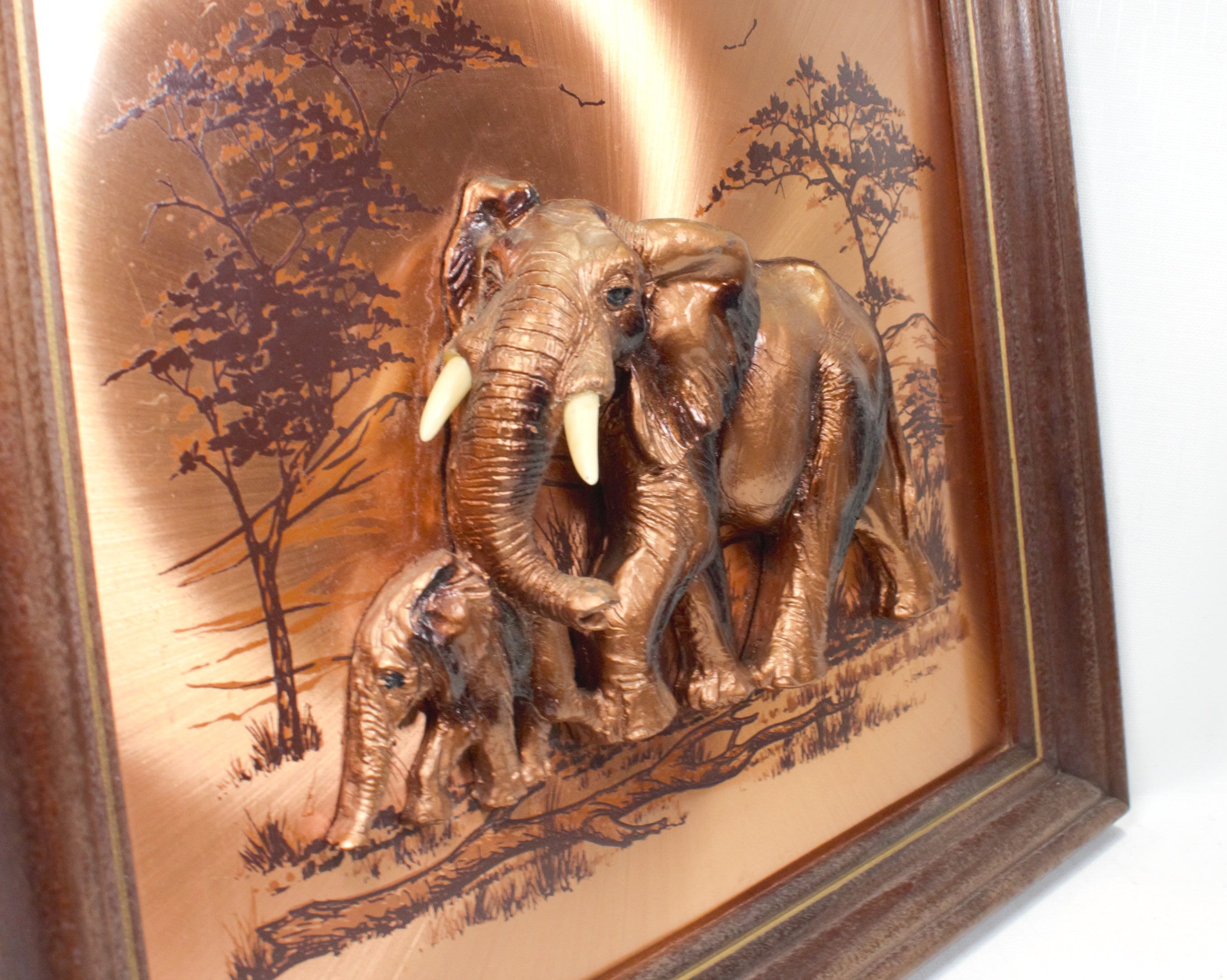 Vintage 1970s Copper Wall Art African Tusked Elephants 3D