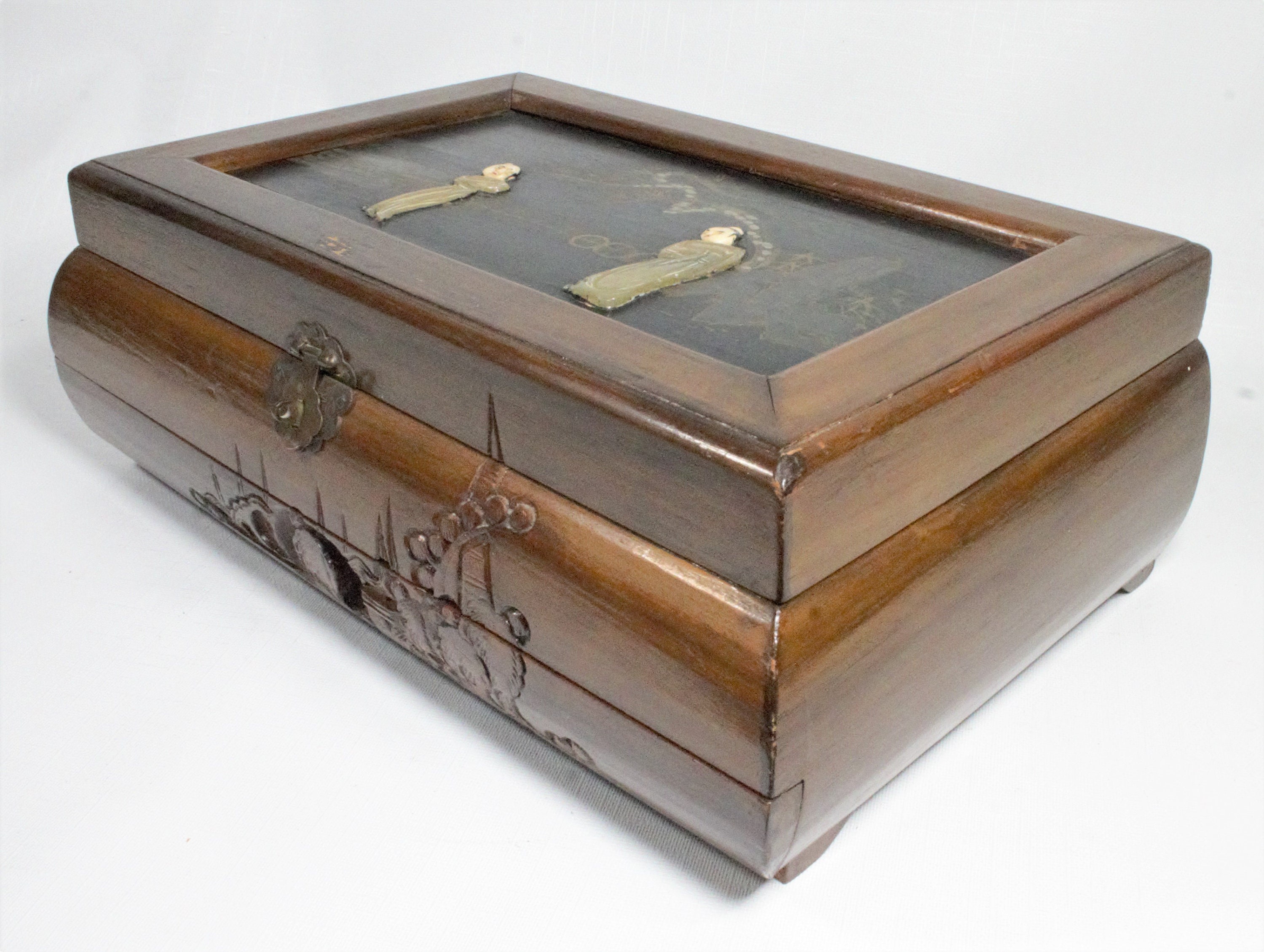 Vintage Jewelry Box Carved Wood Asian Theme Mirrored Hinged Lid