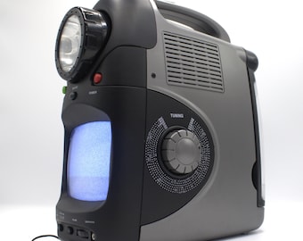 Vintage portable television radio AM/FM receiver coax rca input TV emergency lantern lamp and flashlight set siren battery or power supply