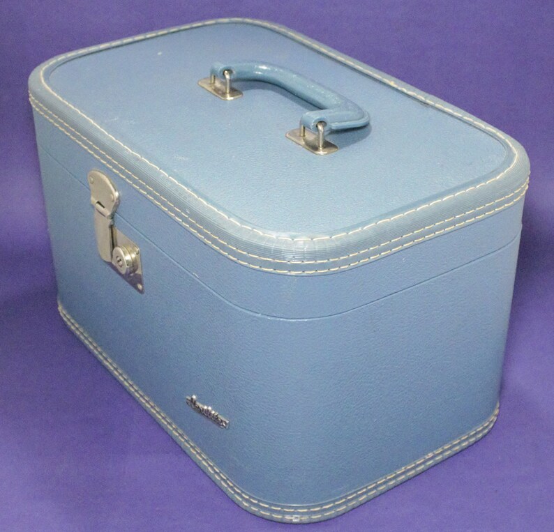 Vintage Midcentury Train Case Suitcase Blue Chrome Small Etsy