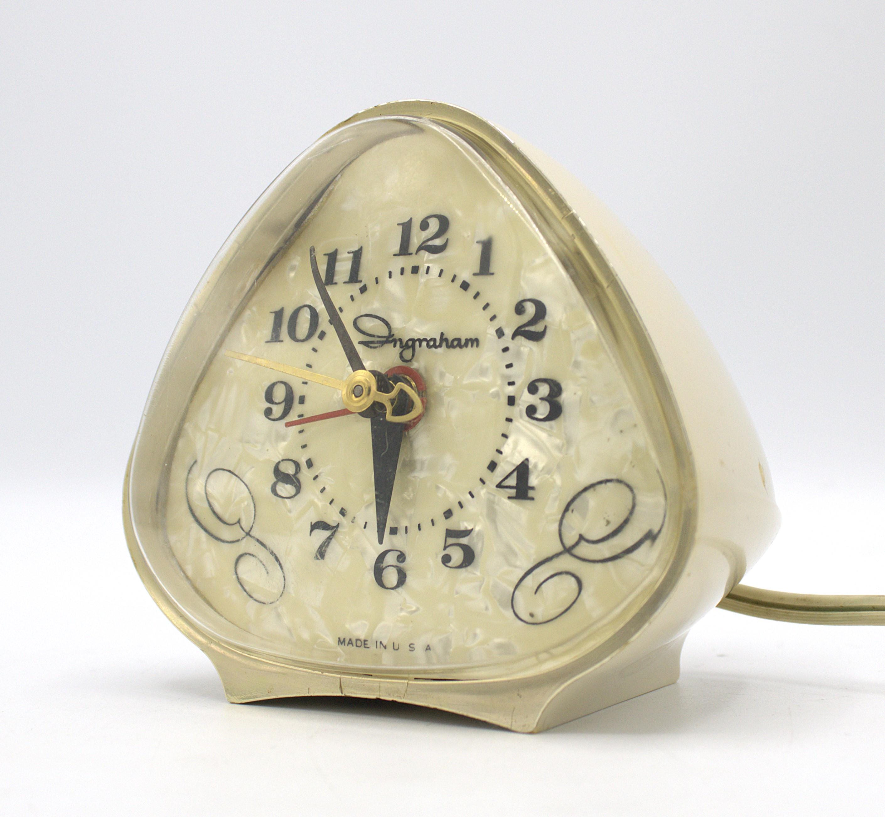 Vintage Ingraham Alarm Clock Mid-century Mod Pearl Analog Dial