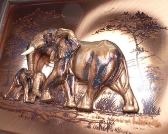 Vintage 1970s Copper Wall Art African Tusked Elephants 3D