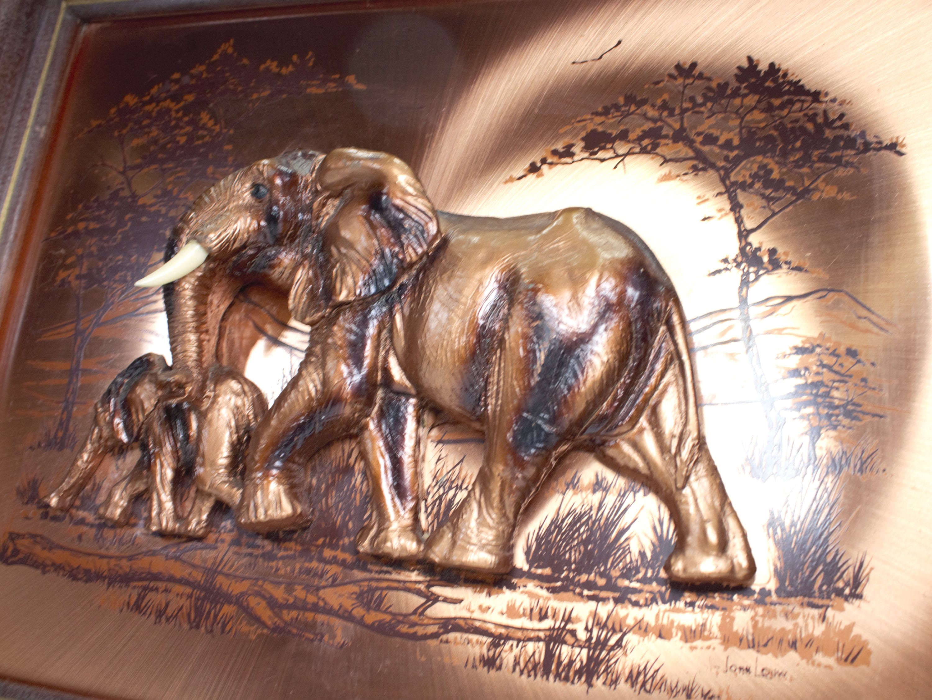 Vintage 1970s Copper Wall Art African Tusked Elephants 3D