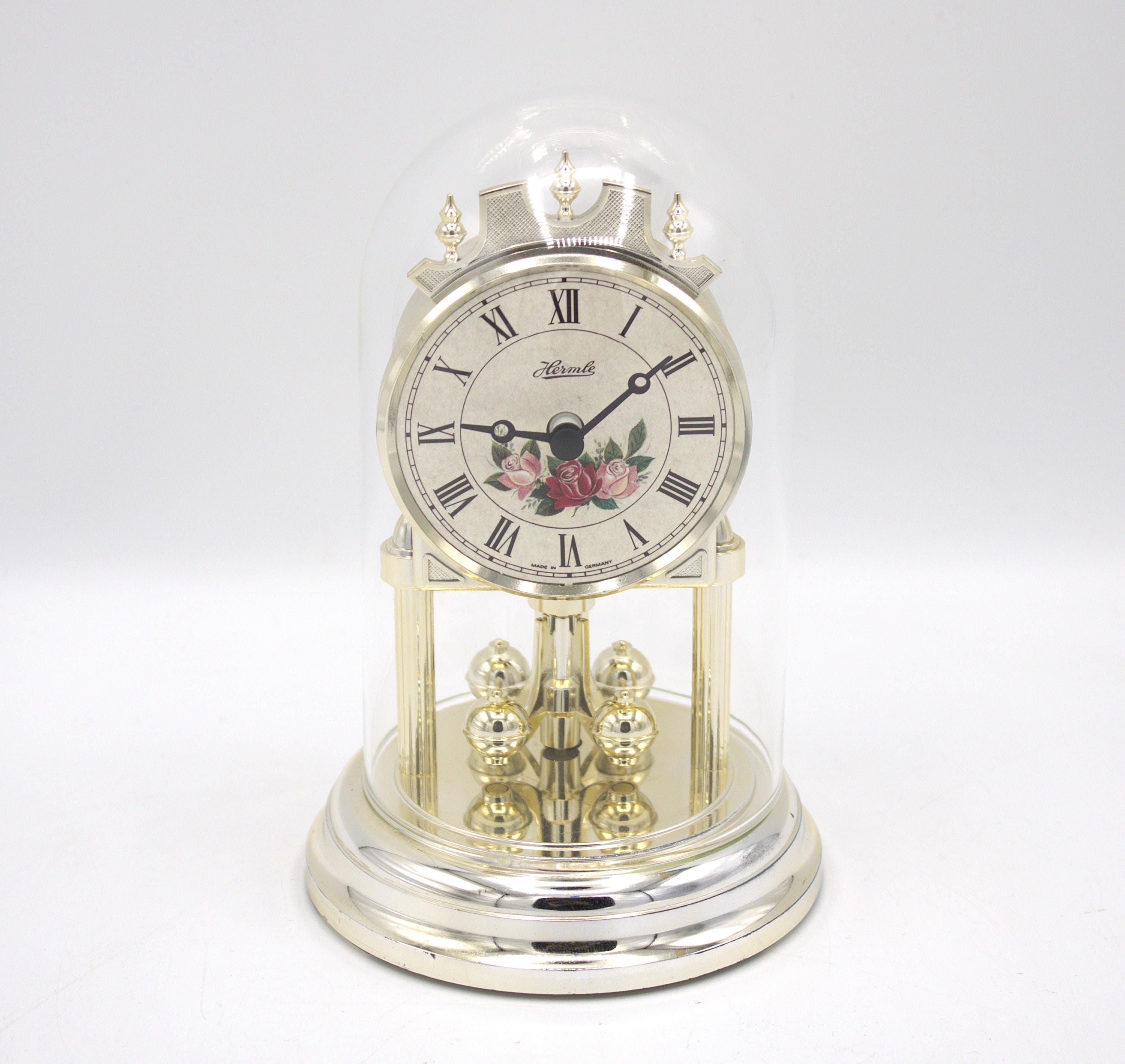 Vintage mini dome clock spinning pendulum anniversary winding gold tone antique style pink red rose flower analog dial quartz Hermle Germany