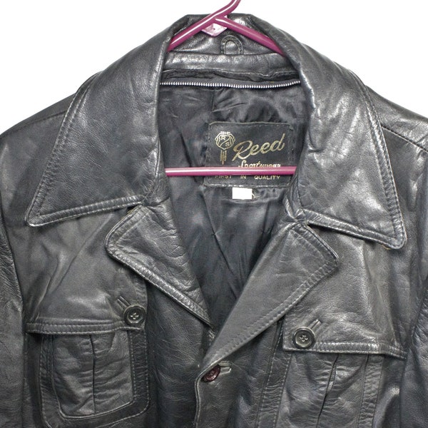 Vintage leather jacket Reed Sportswear genuine leather nylon lined black button mod coat wide collar authentic retro fashion size 44