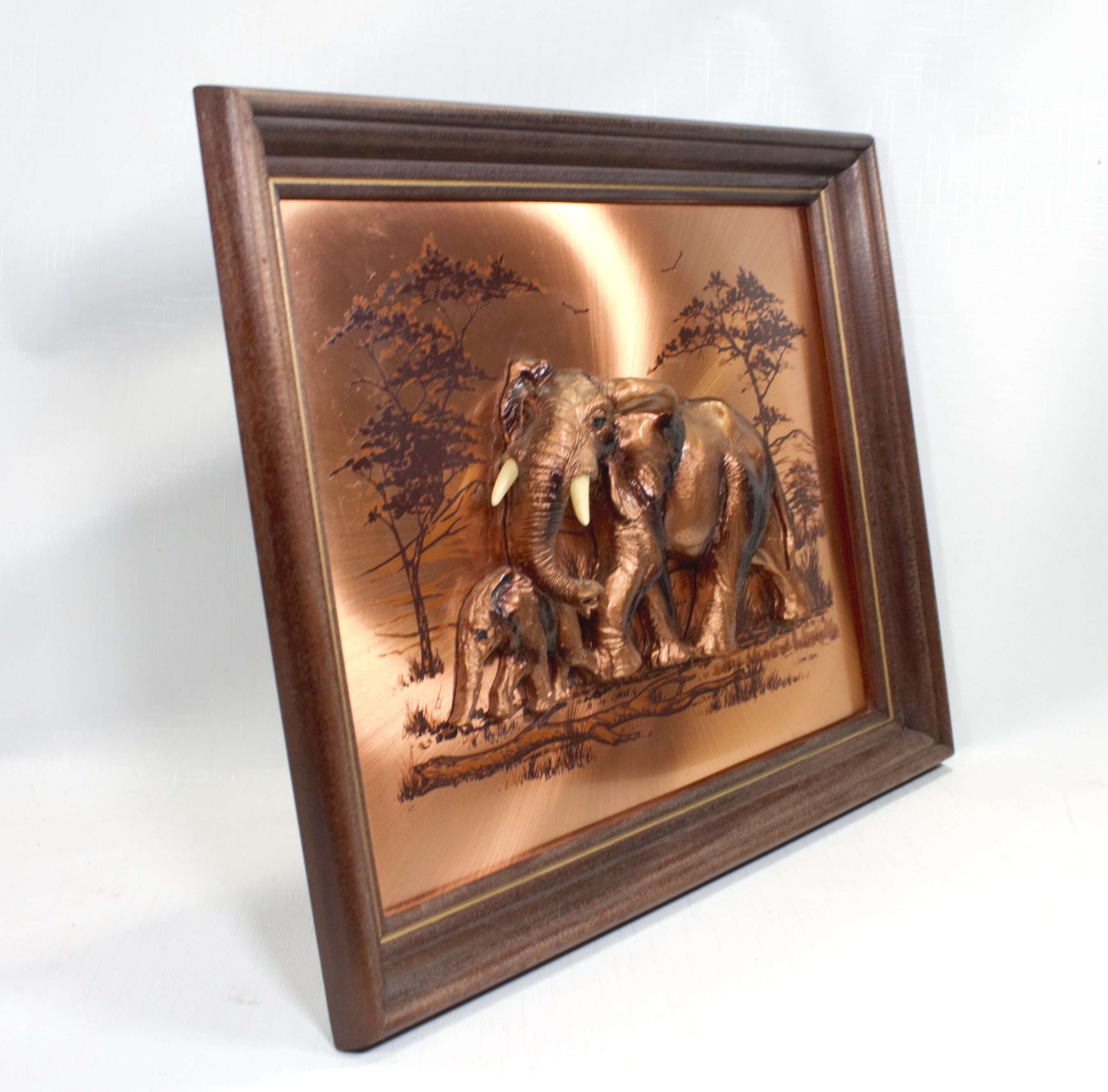 Vintage 1970s Copper Wall Art African Tusked Elephants 3D