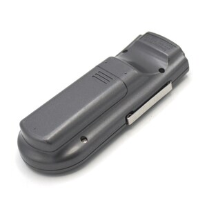 May include: A black remote control with a silver clip on the side. The remote has a textured surface and a small button on the top.