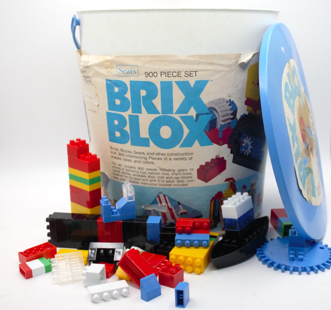 Vintage Brix Blox Building Blocks Bucket Set Interlocking Assembly
