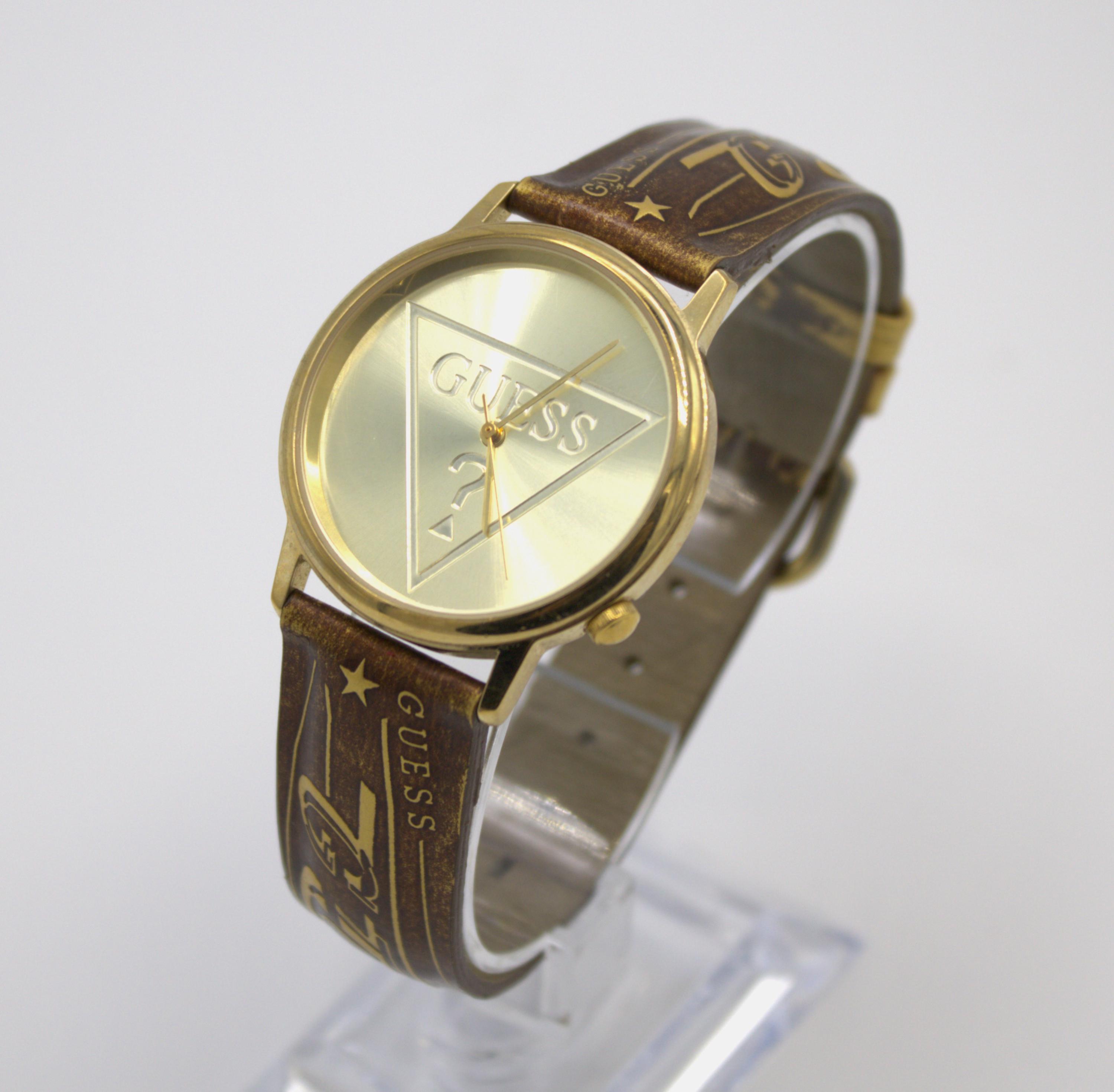 Vintage 1990s Guess Watch Gold Tone Case Analog Dial With Gold 