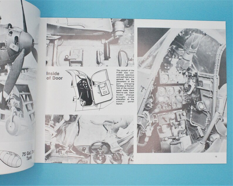 May include: A black and white photograph of the inside of an aircraft cockpit. The image shows the instrument panel, control panel, and the pilot's seat. The text "Inside of Door" is printed on the page.