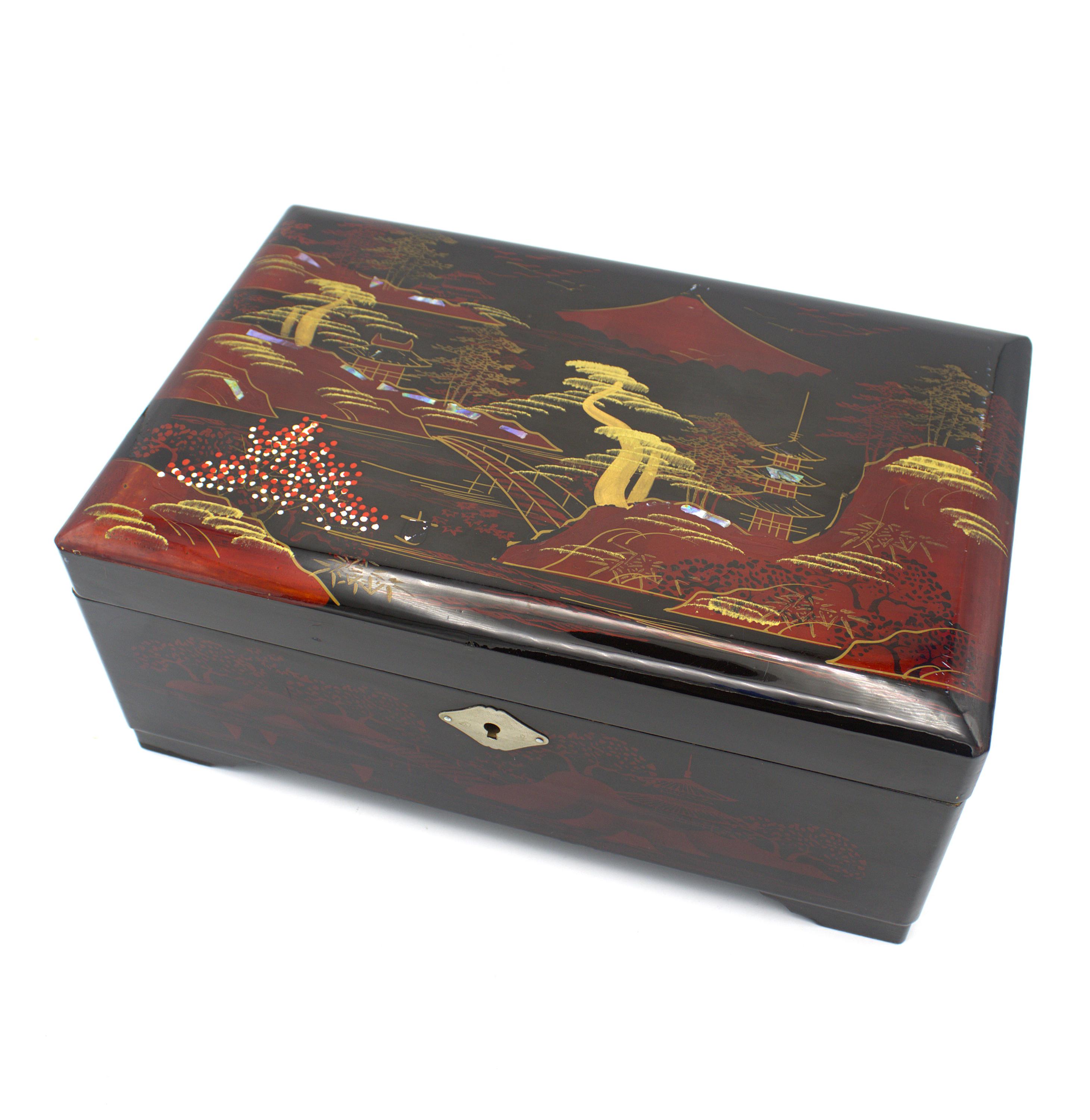 Vintage Jewelry Box Musical Oriental Styling by Mele Black and Red